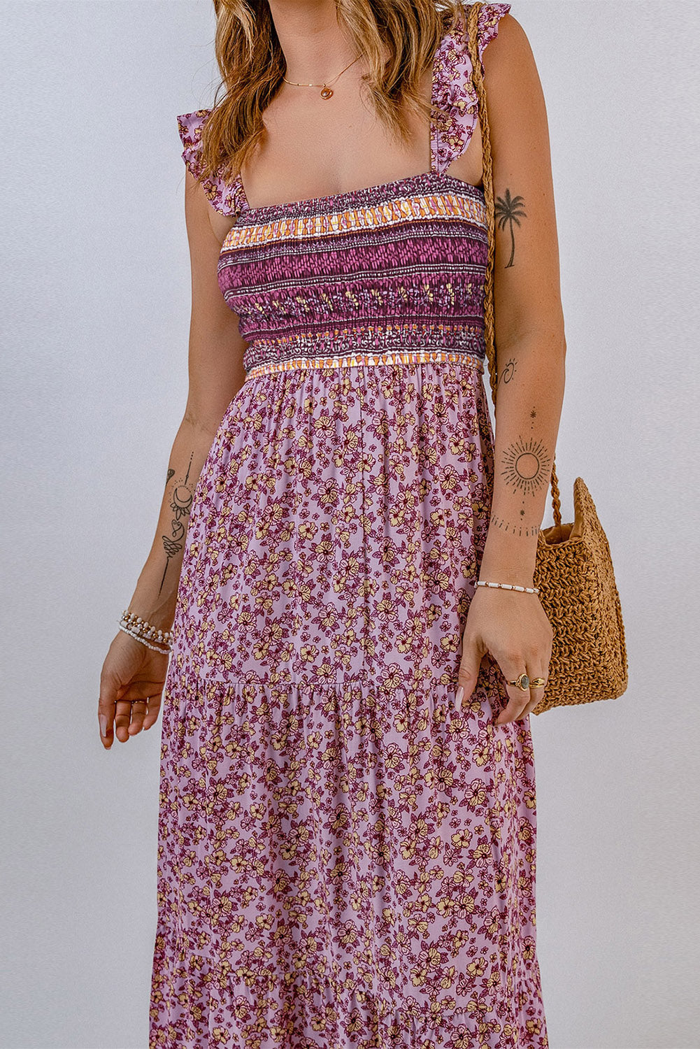 Shirred Ruffled Sleeveless Floral Maxi Dress