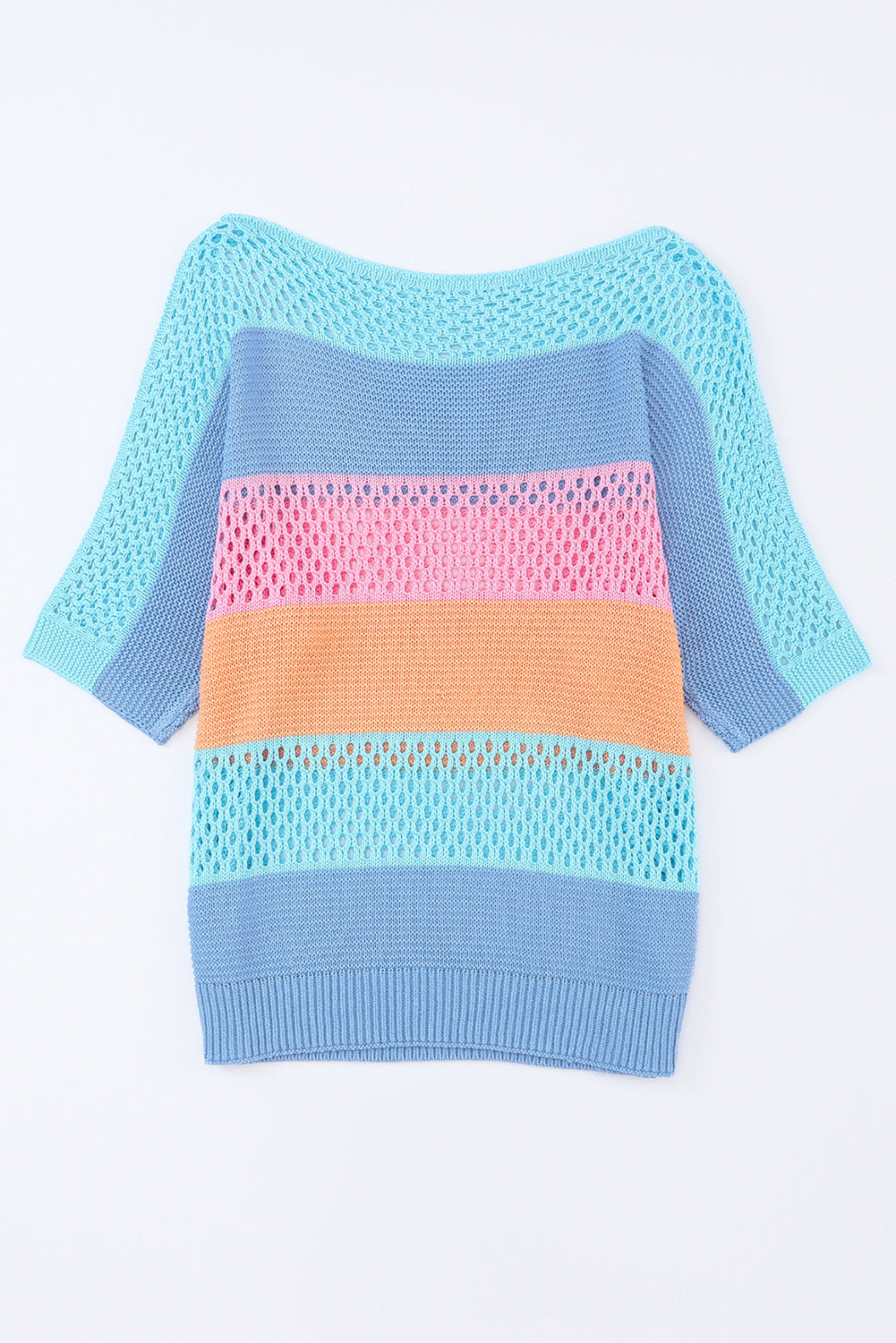 Knitted Eyelet Colorblock Striped Half Sleeves Top