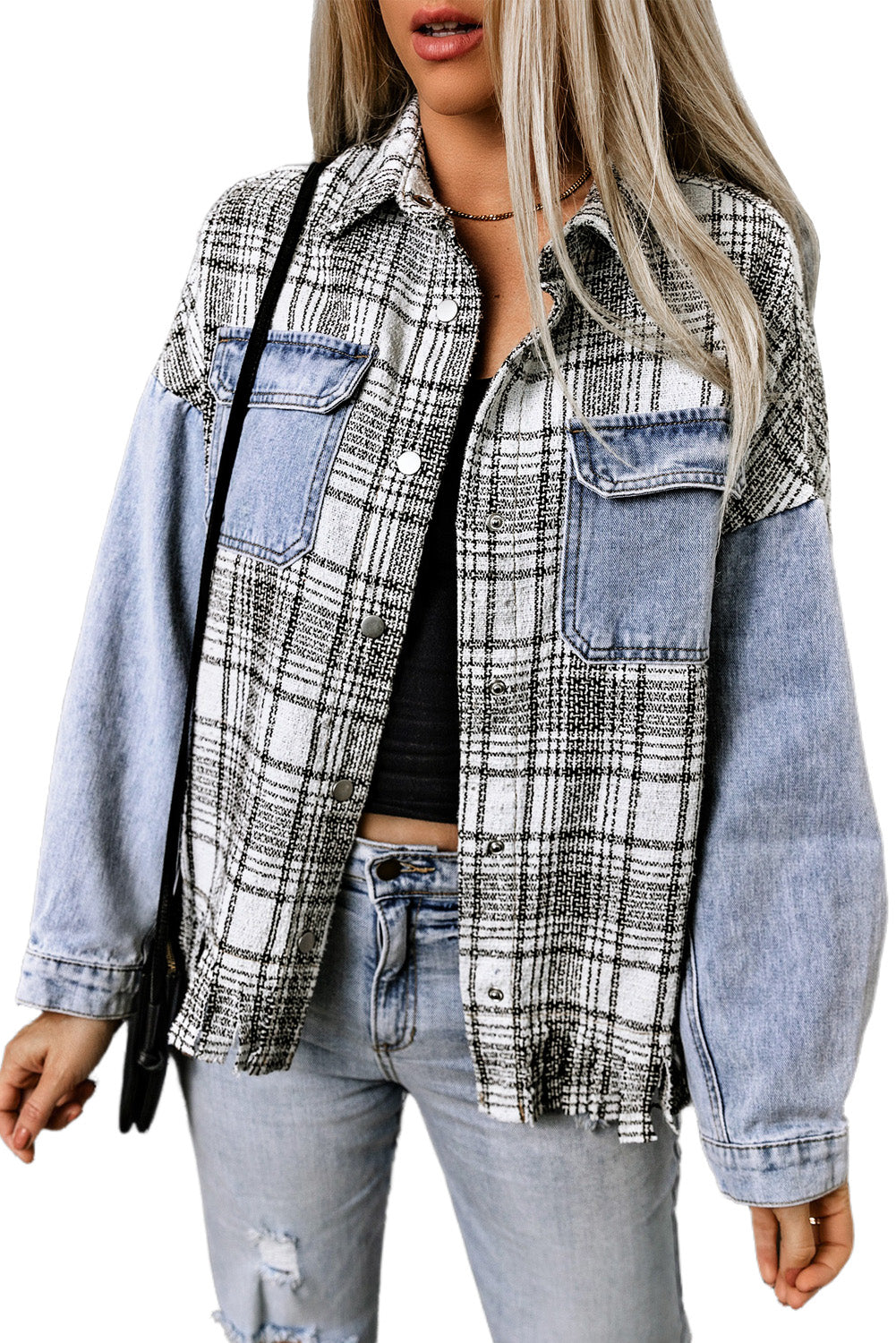 Plaid Patchwork Fringed Flap Pockets Denim Jacket