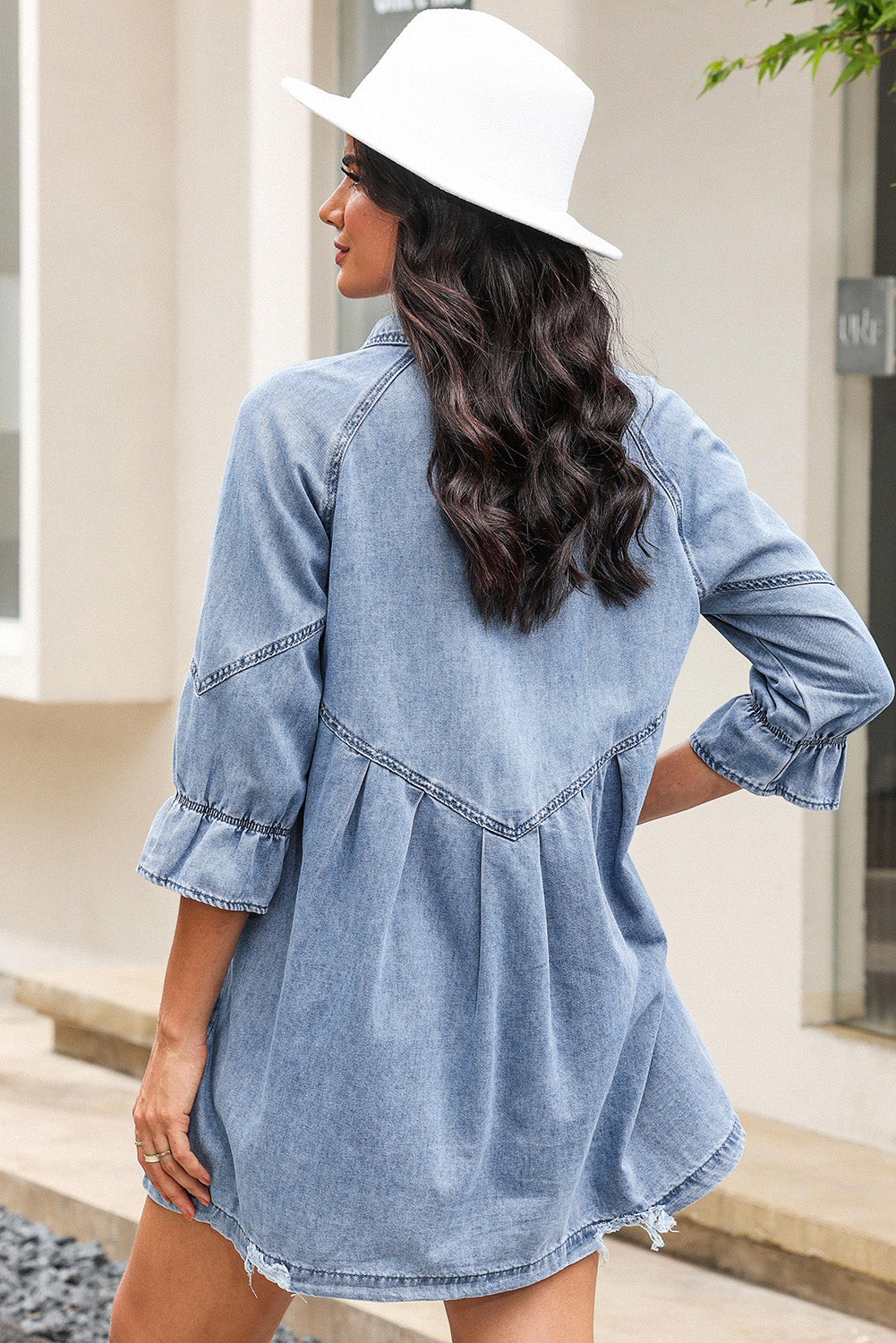 Gray Buttoned Long Sleeve Denim Mini Dress