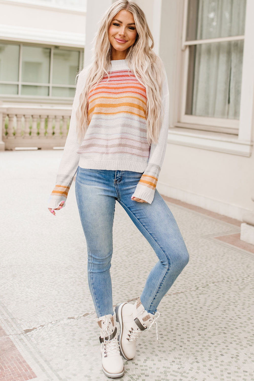 Stripe Long Sleeve Round Neck Sweater