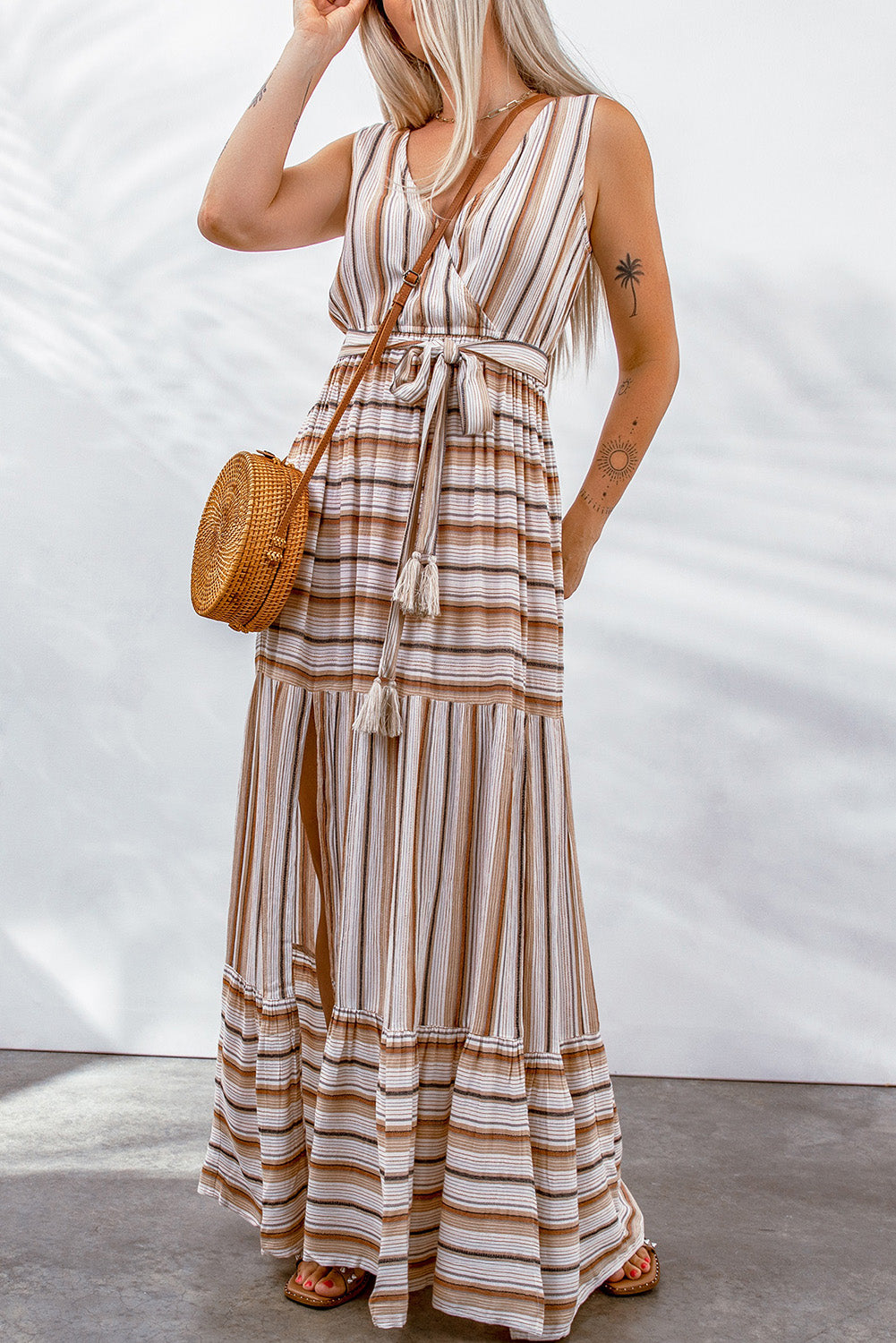 Striped V Neck Sleeveless Maxi Dress with Tie