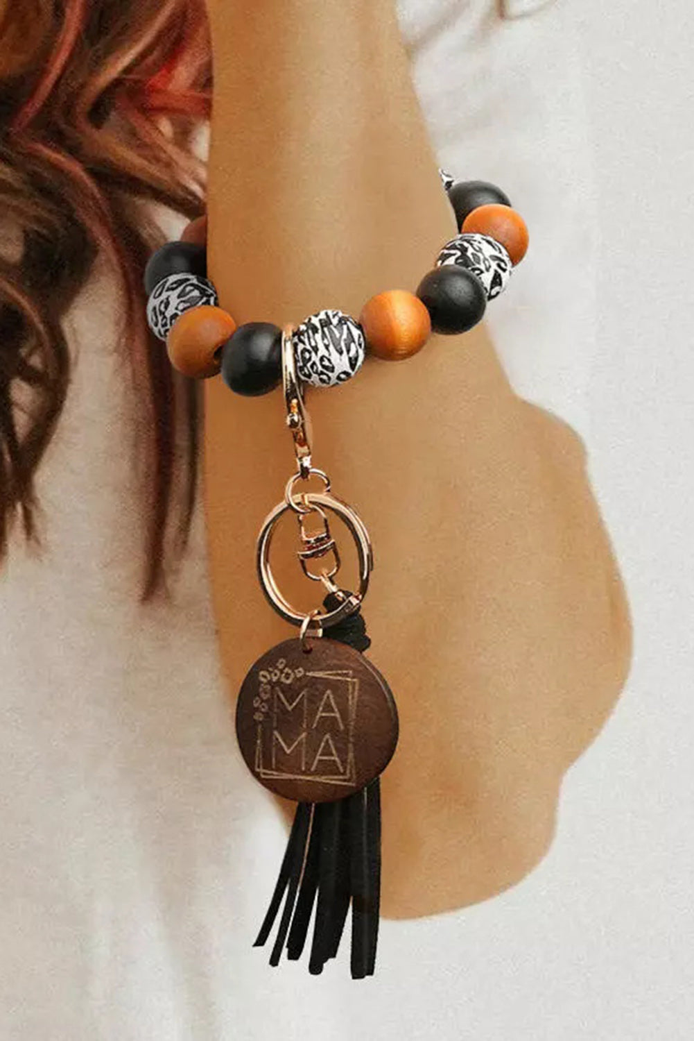 Leopard Wood Bead Bracelet Tassel Keychain