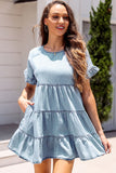 Ruffled Short Sleeves Tiered Denim Dress