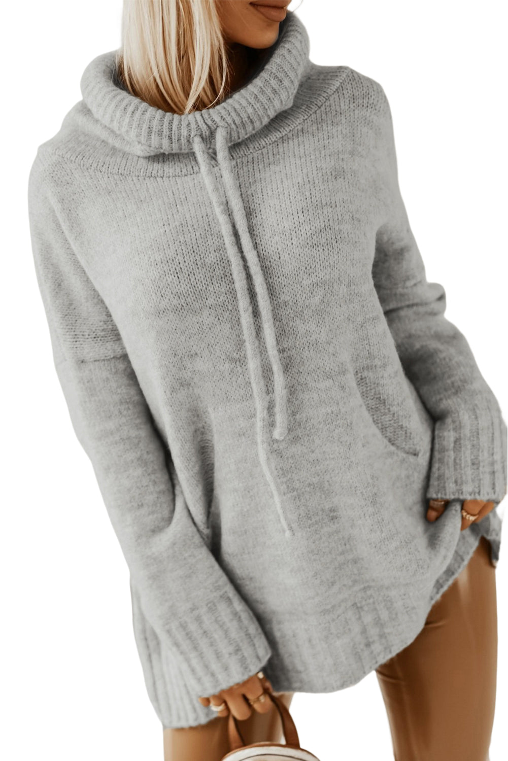 Gray Cowl Neck Drawstring Pullover Hooded Sweater