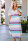 Striped Color Block V Neck T Shirt Midi Dress