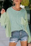 Green Exposed Seam Chest Pocket Loose Sleeve Oversized Top