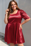 Robe midi évasée froncée à manches bouffantes de grande taille rouge