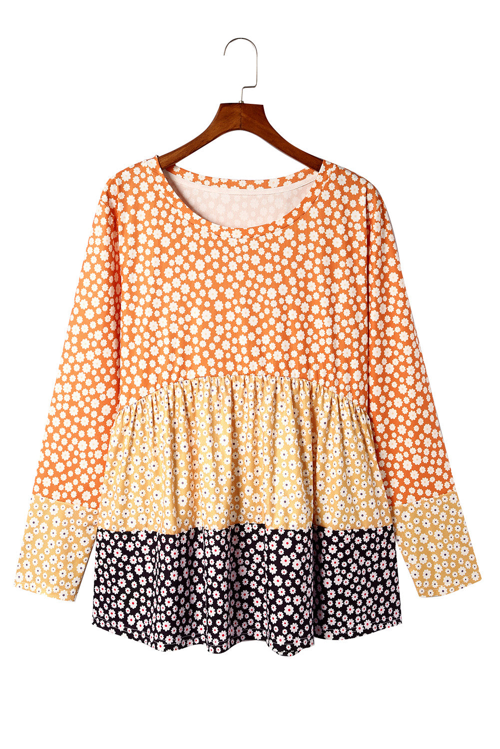 Plus Size Colorblock Blooming Daisy Long Sleeve Flowy Top