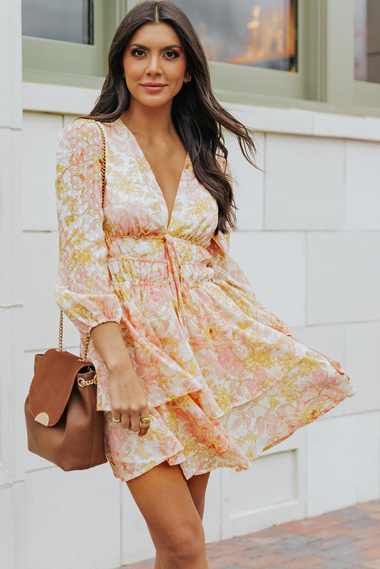 V Neck Long Sleeve Tiered Floral Dress