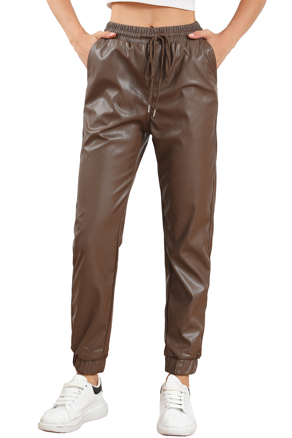 Pantalon de jogging en cuir marron avec lien à la taille