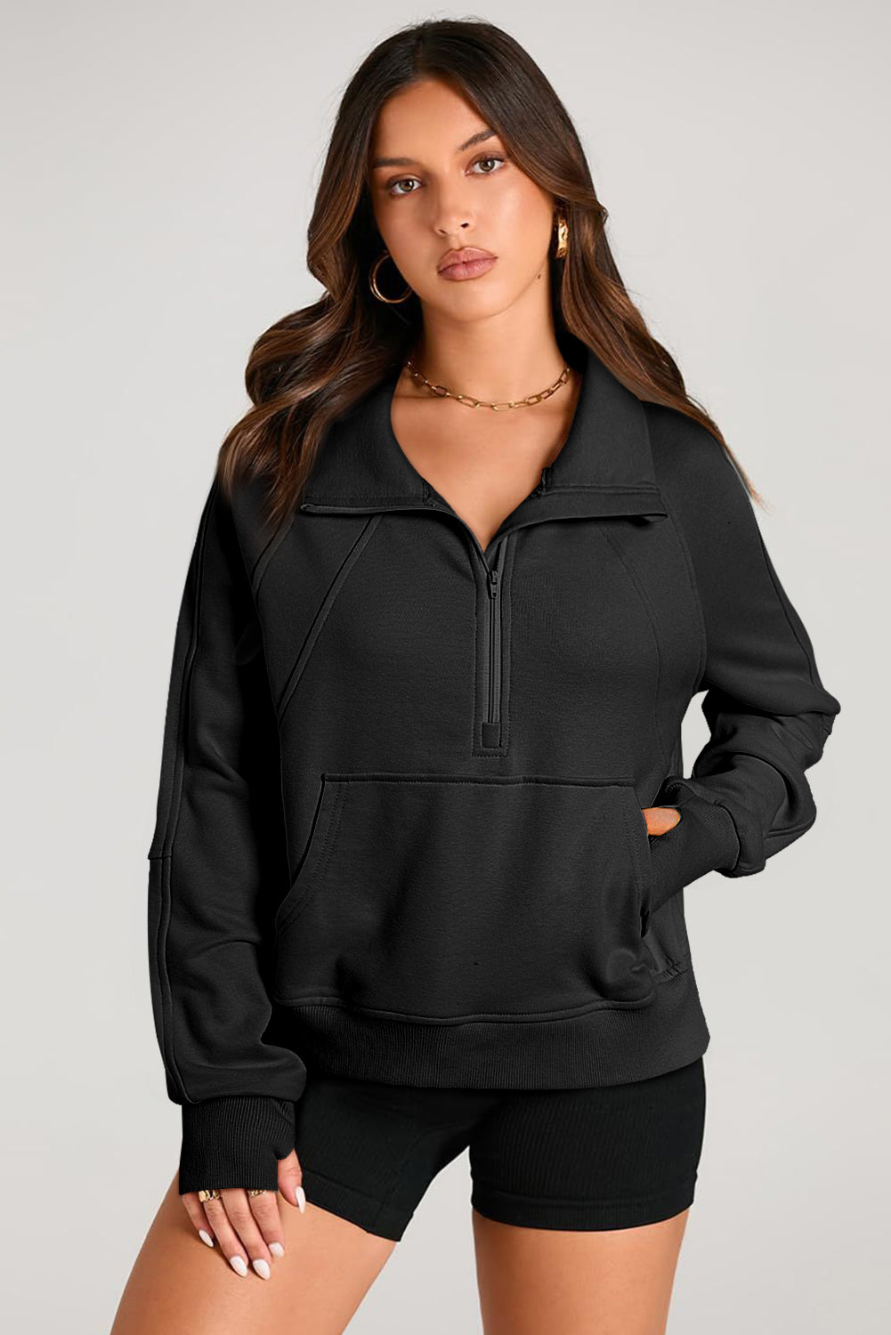 Brown Quarter Zip Stand Neck Kangaroo Pocket Sweatshirt