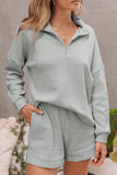 Gray Ribbed Zipper Sweatshirt and High Waist Shorts Set