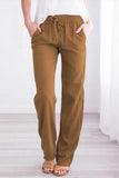 Drawstring Elastic Waist Pockets Long Straight Legs Pants