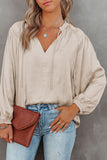 Pleated Balloon Sleeve Drawstring V-Neck Blouse