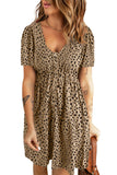 Leopard V-Neck Buttons Short Sleeve Midi Dress