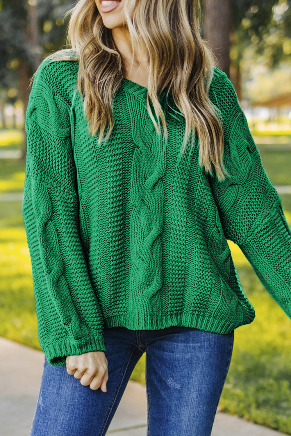 Pull vert en tricot tressé à col en V Bubblegum