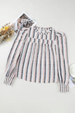 Striped Colorblock Puff Sleeve Frilled Neck Blouse