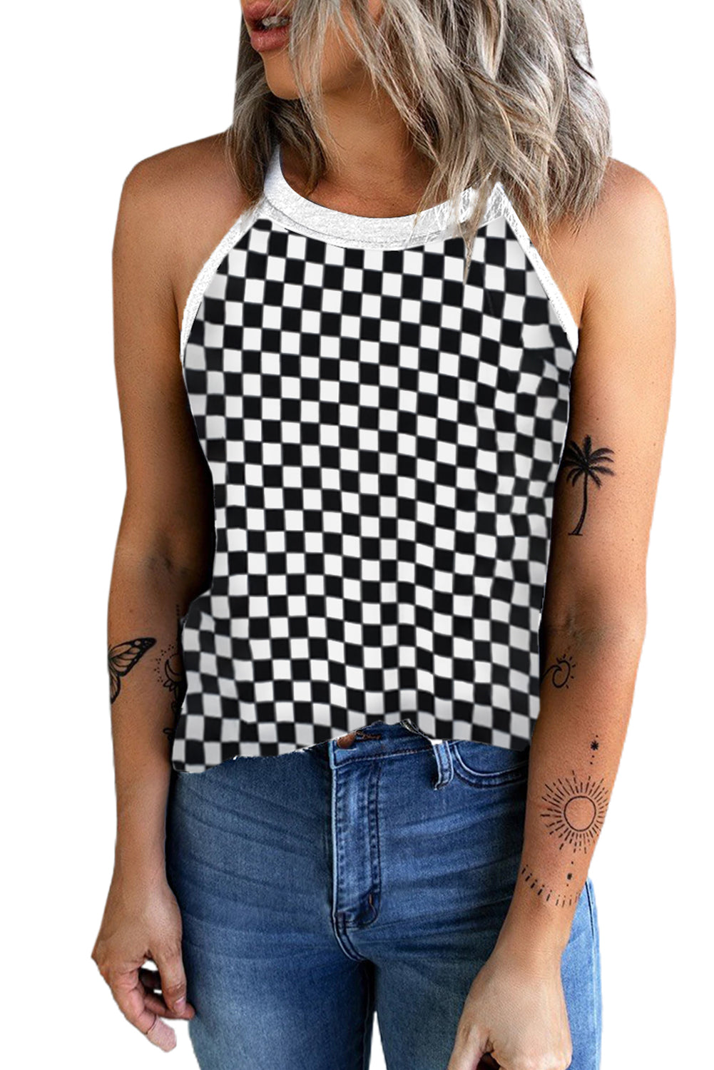 Plaid O Neck Sleeveless Tank Top