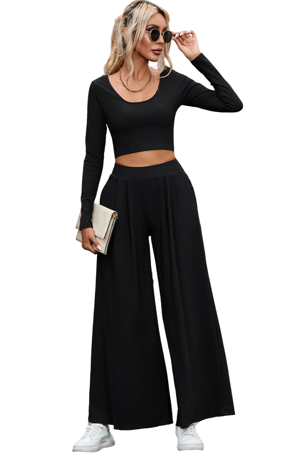 Solid Color Ribbed Crop Top Long Pants Set