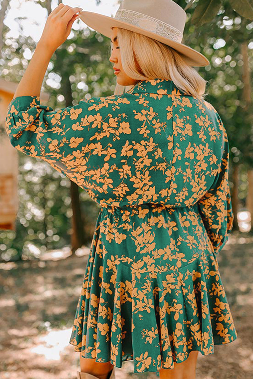 Pink Floral Print Drawstring Tunic Flowy Short Dress