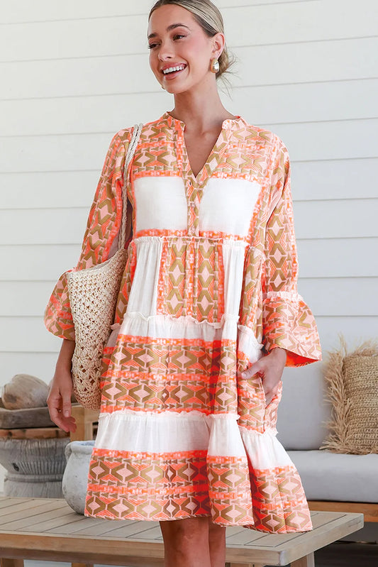 Orange Geometric Print Ruffle Tiered Button V Neck Dress