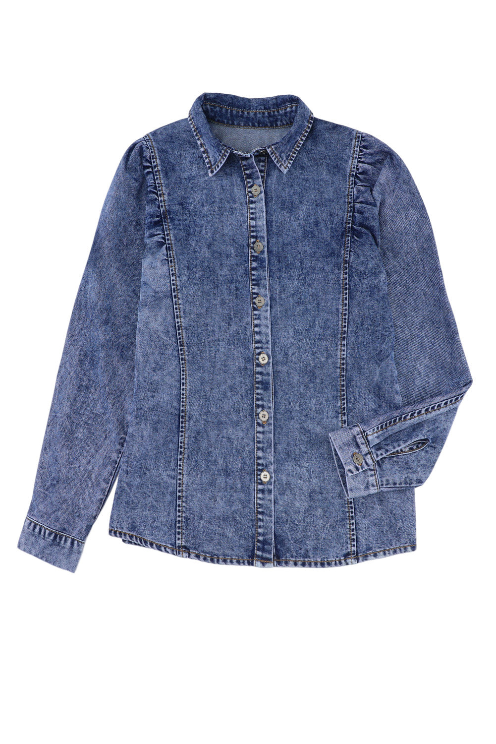 Veste en jean boutonnée bleue à manches bouffantes