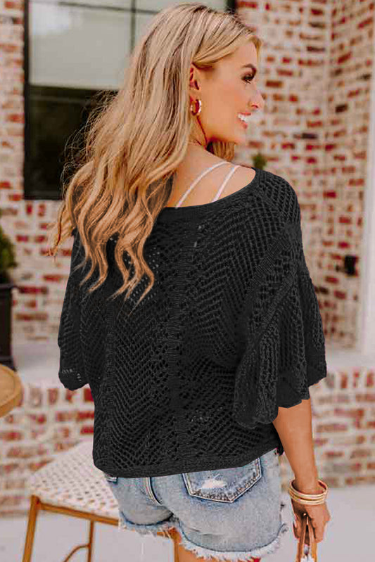 Black Pointelle Knit Scallop Edge Short Sleeve Top