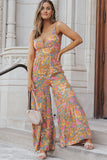 Adjustable Straps Floral Tiered Wide Leg Jumpsuit