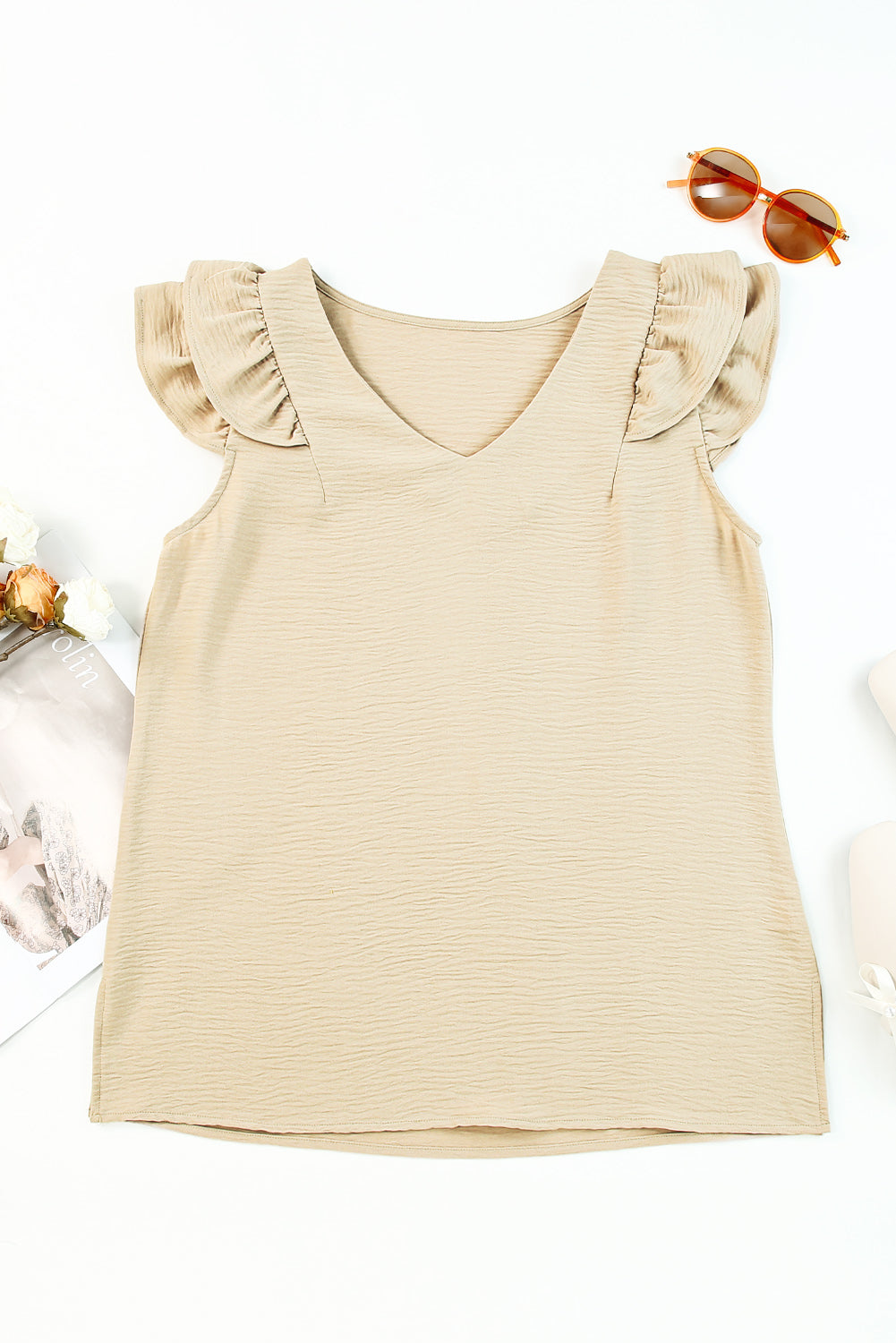 Ruffle Tiered Sleeve V Neck Tank Top