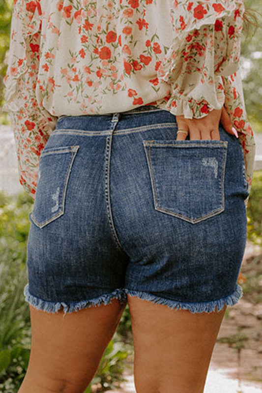 Blue Plus Size Vintage Wash Frayed Denim Shorts