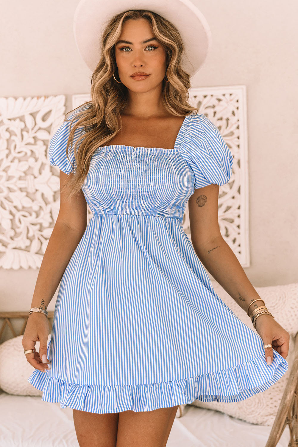 Striped Print Shirred Square Neck Puff Sleeve Mini Dress