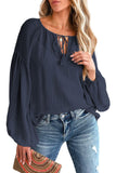 Blue Lantern Sleeve Stripe Tassel Drawstring Blouse