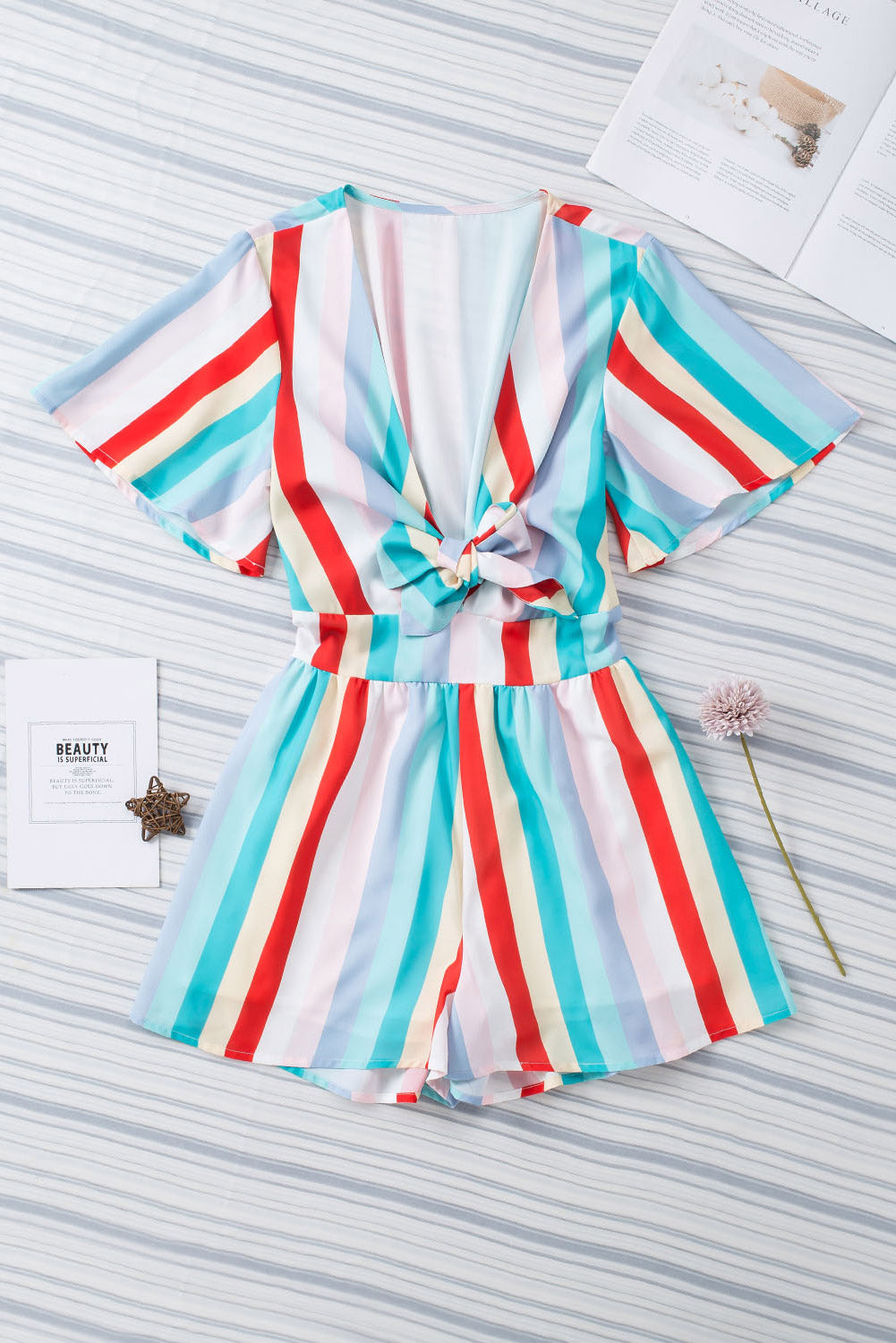 Stripe Print Tie V Neck Flowy Romper