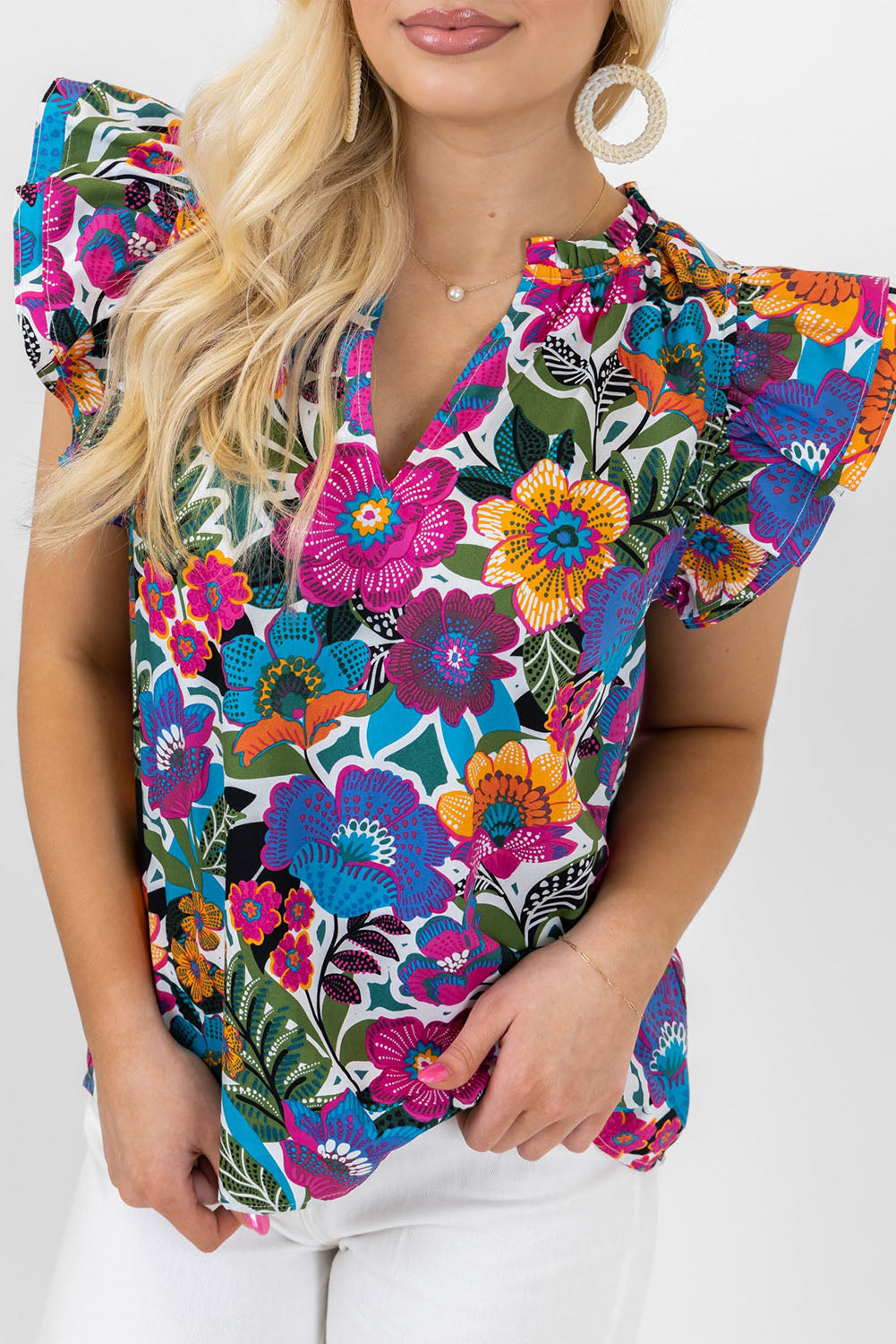 Ruffled Flutter Sleeve Floral Print Blouse