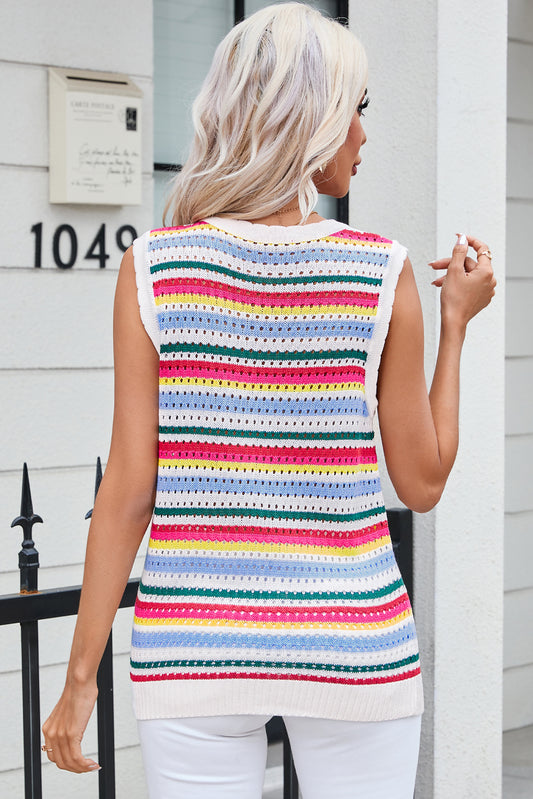 White Colorful Stripe Scalloped Trim Sweater Vest