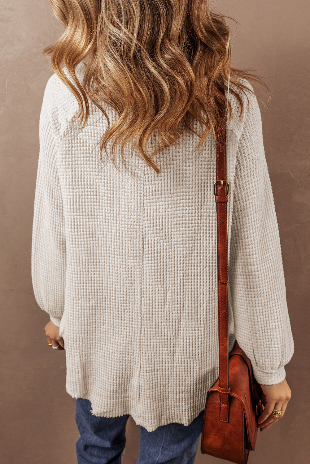 Oatmeal Waffle Knit Buttoned Front Raglan Sleeve Loose Blouse