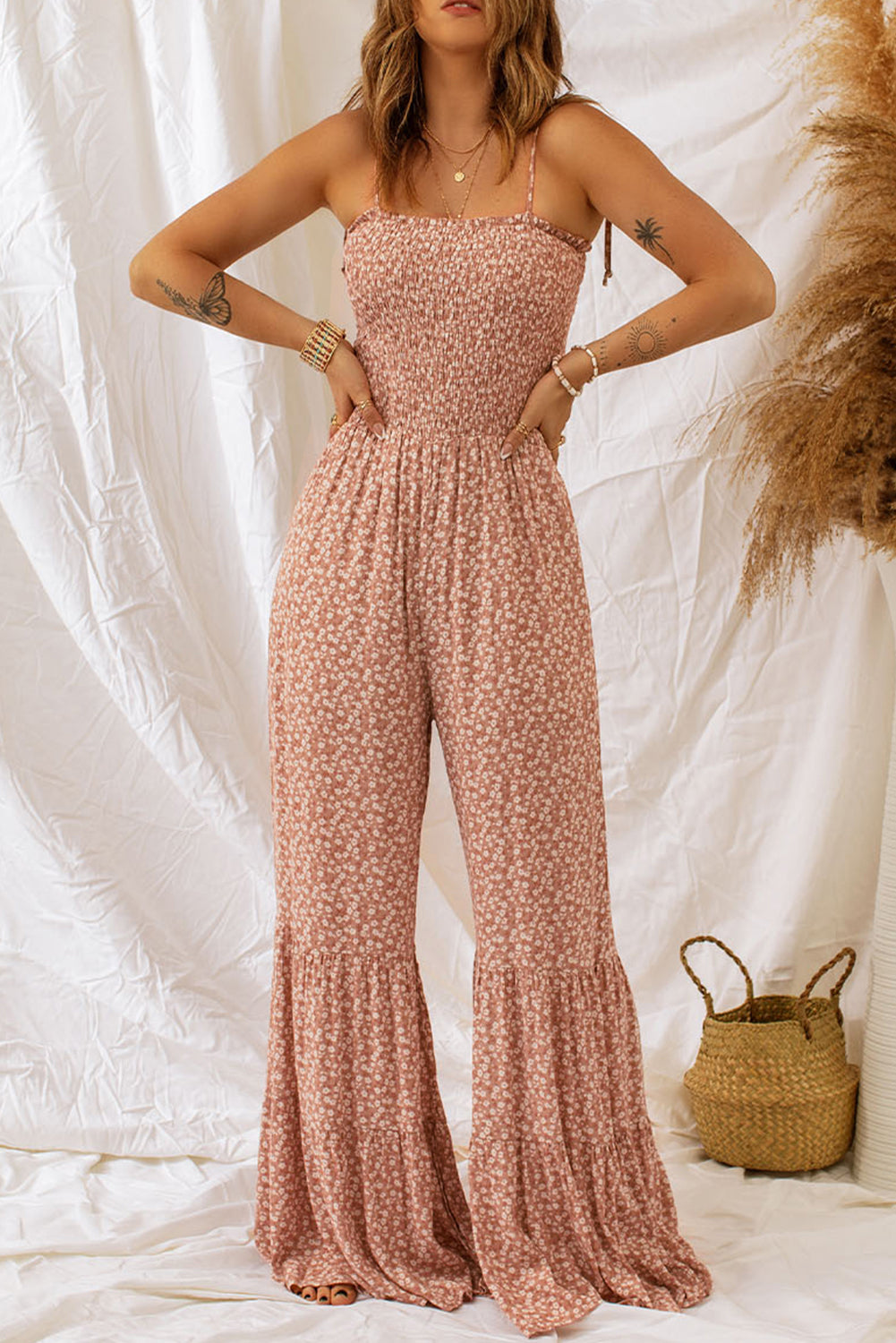 Phalaenopsis Thin Straps Smocked Bodice Wide Leg Floral Jumpsuit