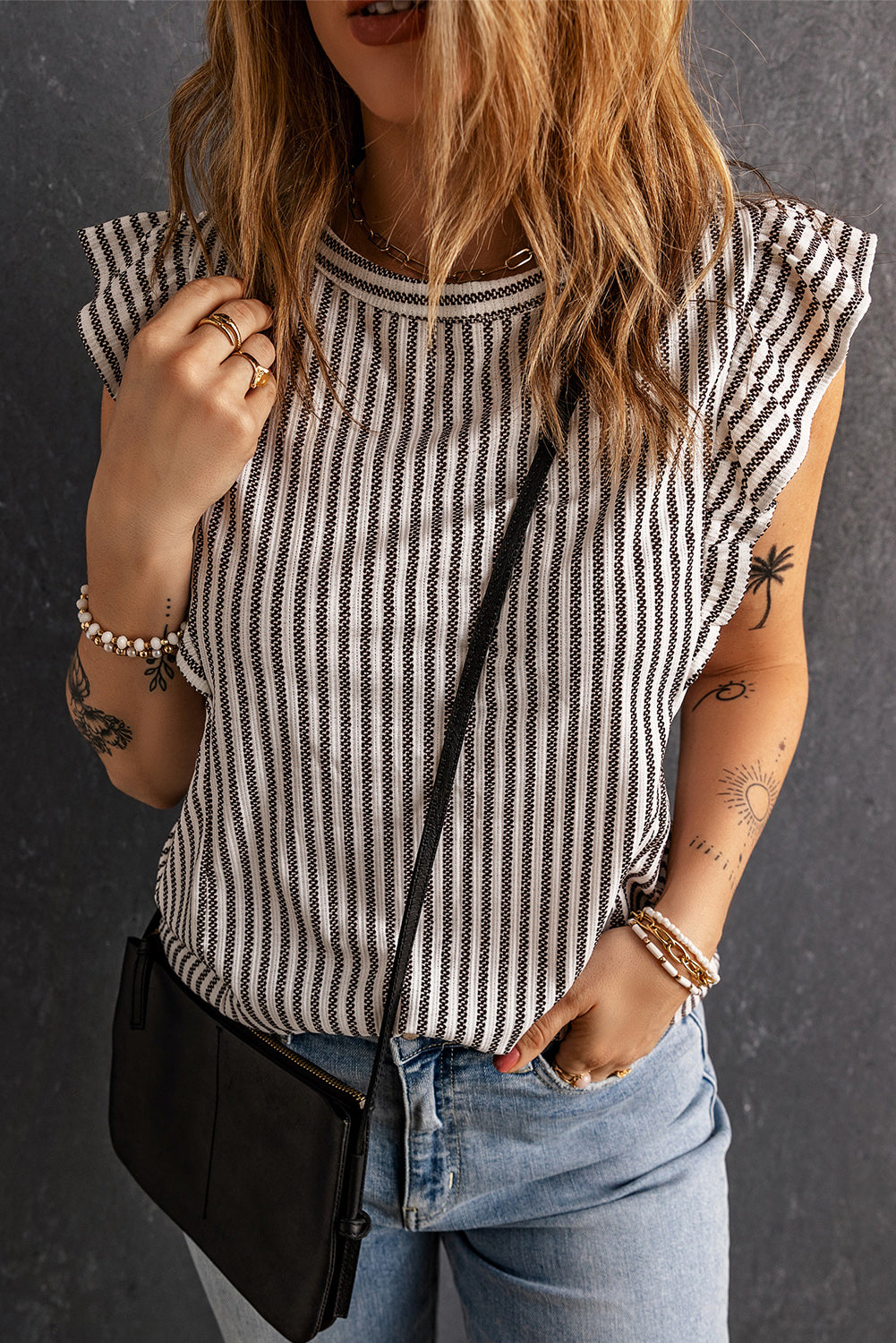 Crew Neck Ruffled Striped Tank Top