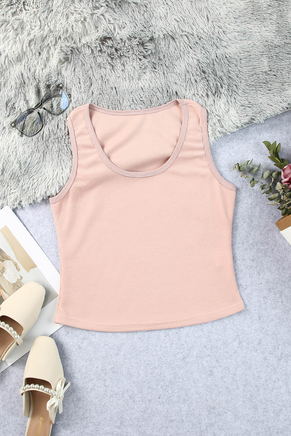 Plain Waffle Knit U Neck Tank Top