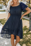 Lace Ruffle Sleeve Cinch Waist Smocking Dress