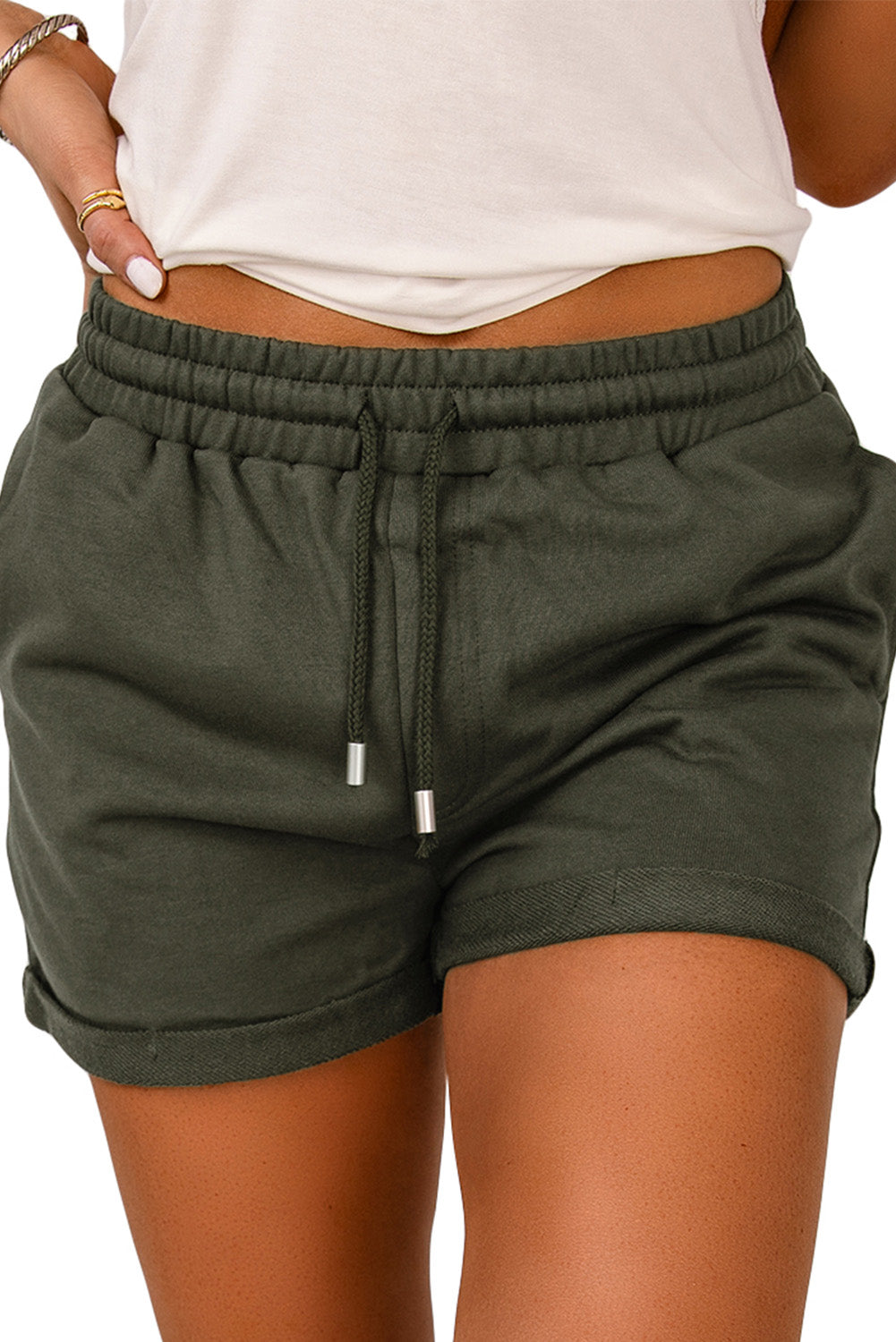 Tie Waist Side Pockets Cuffed Lounge Shorts