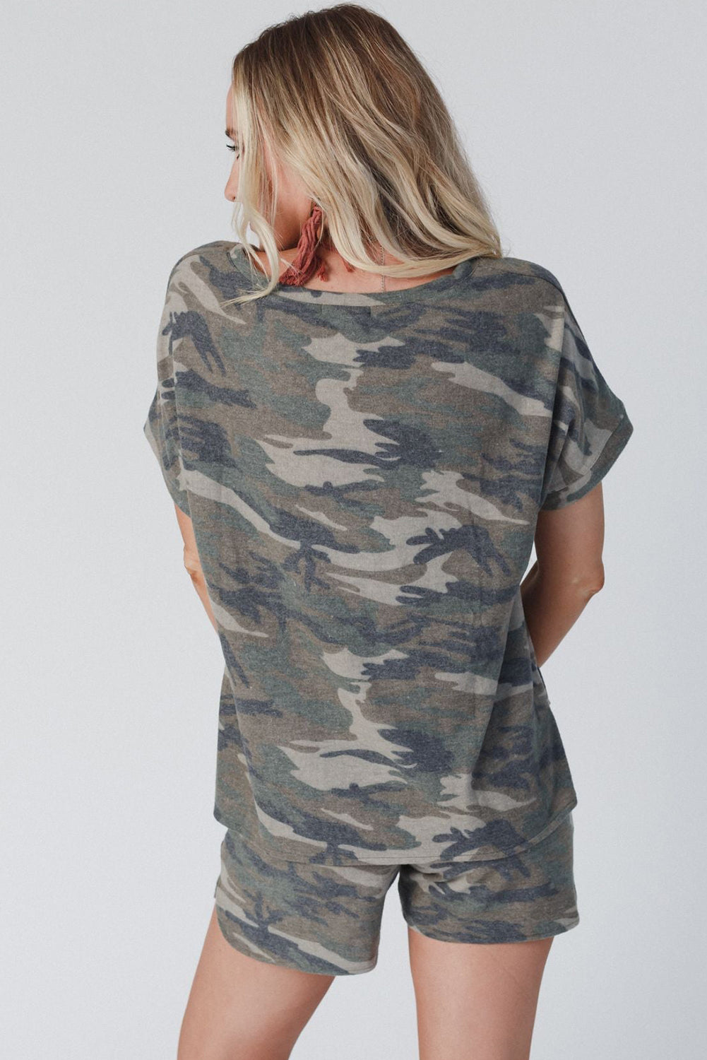 Classic Camo Print Slouchy Loungewear Shorts Set