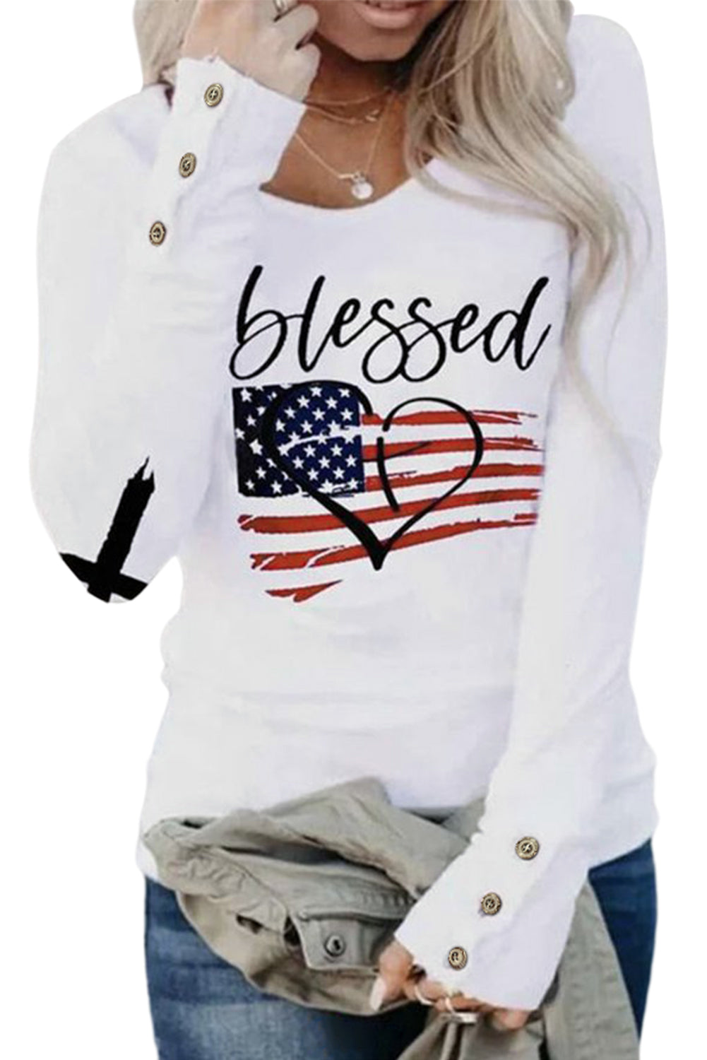 Blessed American Flag Buttoned Long Sleeve T Shirt