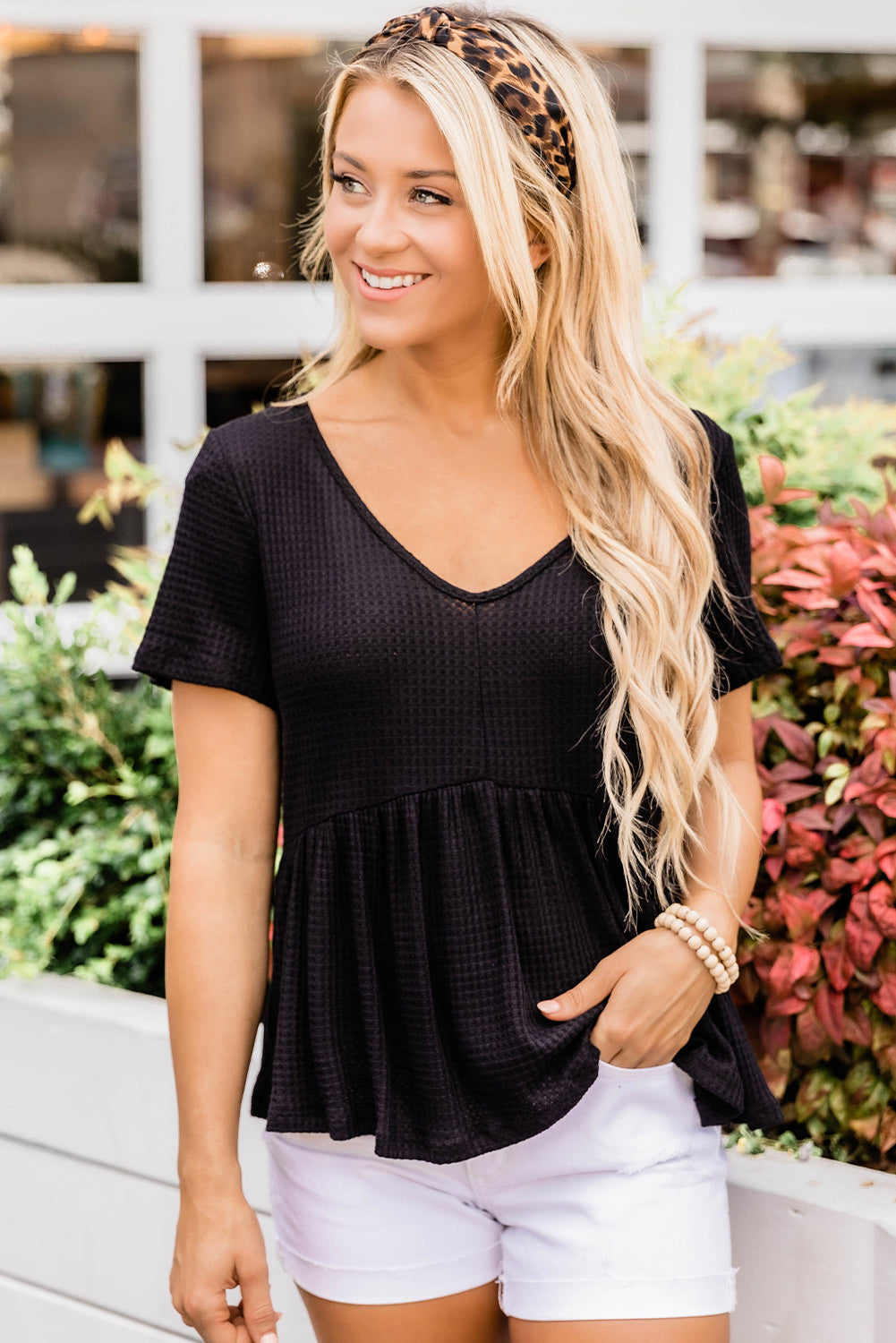 Short Sleeve Waffle Knit Peplum Top