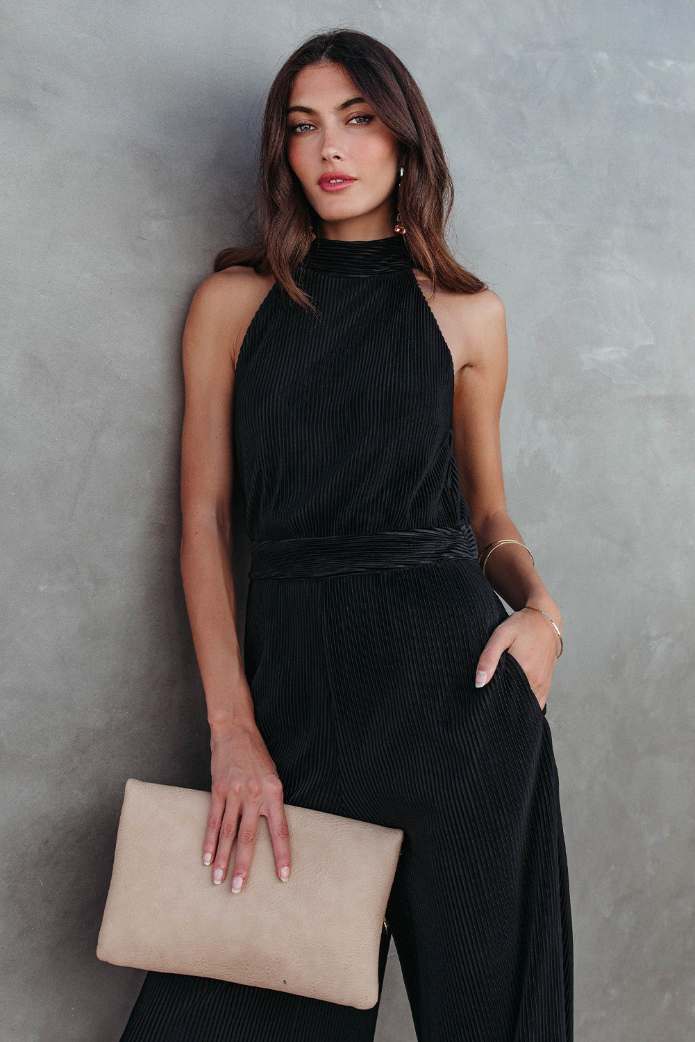 Button Halter Neck Keyhole Back Ribbed Jumpsuit