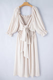 Beige Puff Sleeve Cross Tie Cut Out Maxi Dress