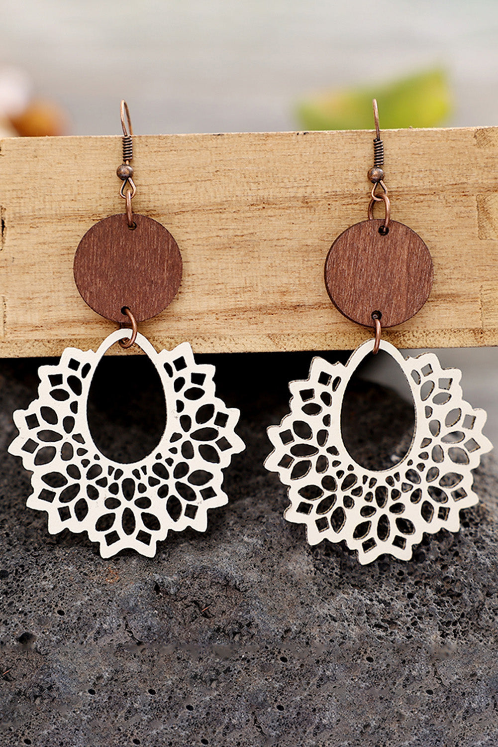 Hollowed Flower Round Wood Pendant Earrings