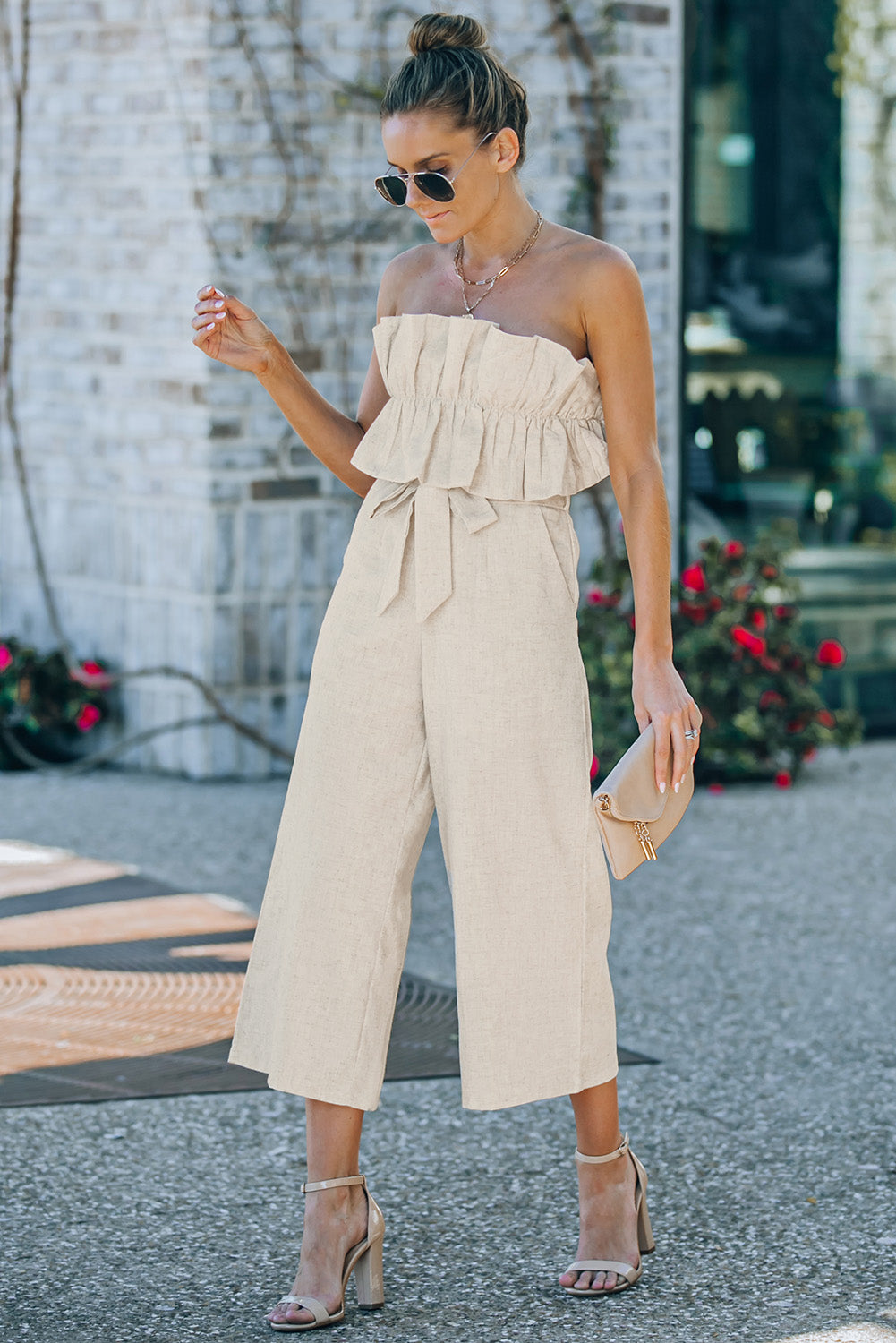 Ruffled Strapless Wide Leg Jumpsuit