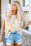 Floral Print Keyhole Back Short Sleeve Babydoll Blouse